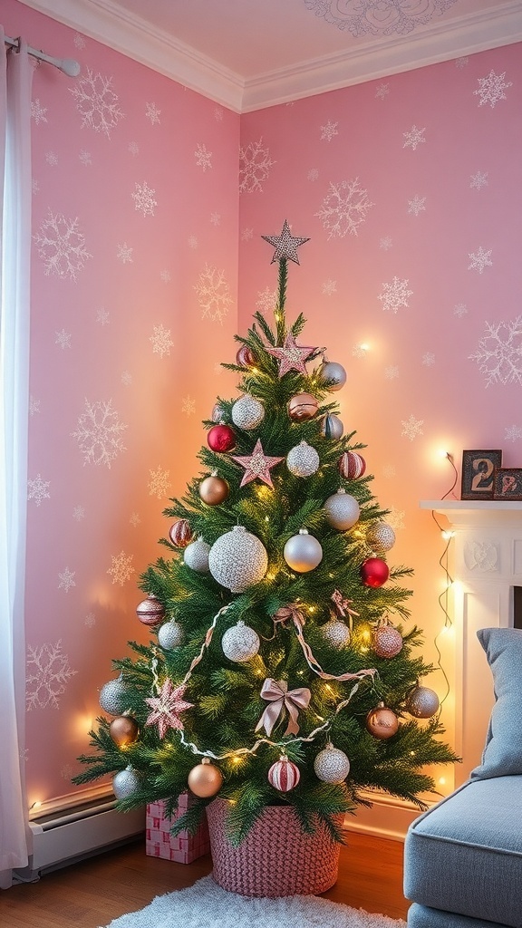 Light Pink Christmas Wallpaper Design A cozy room with light pink Christmas wallpaper, decorated with snowflakes and ornaments, featuring a Christmas tree.